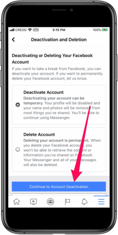 Facebookでアカウントを非アクティブ化した後、アカウントの非アクティブ化を続行を選択します