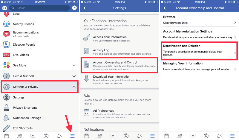 Facebookの[アカウントの所有権と管理]で[非アクティブ化と削除]を選択します